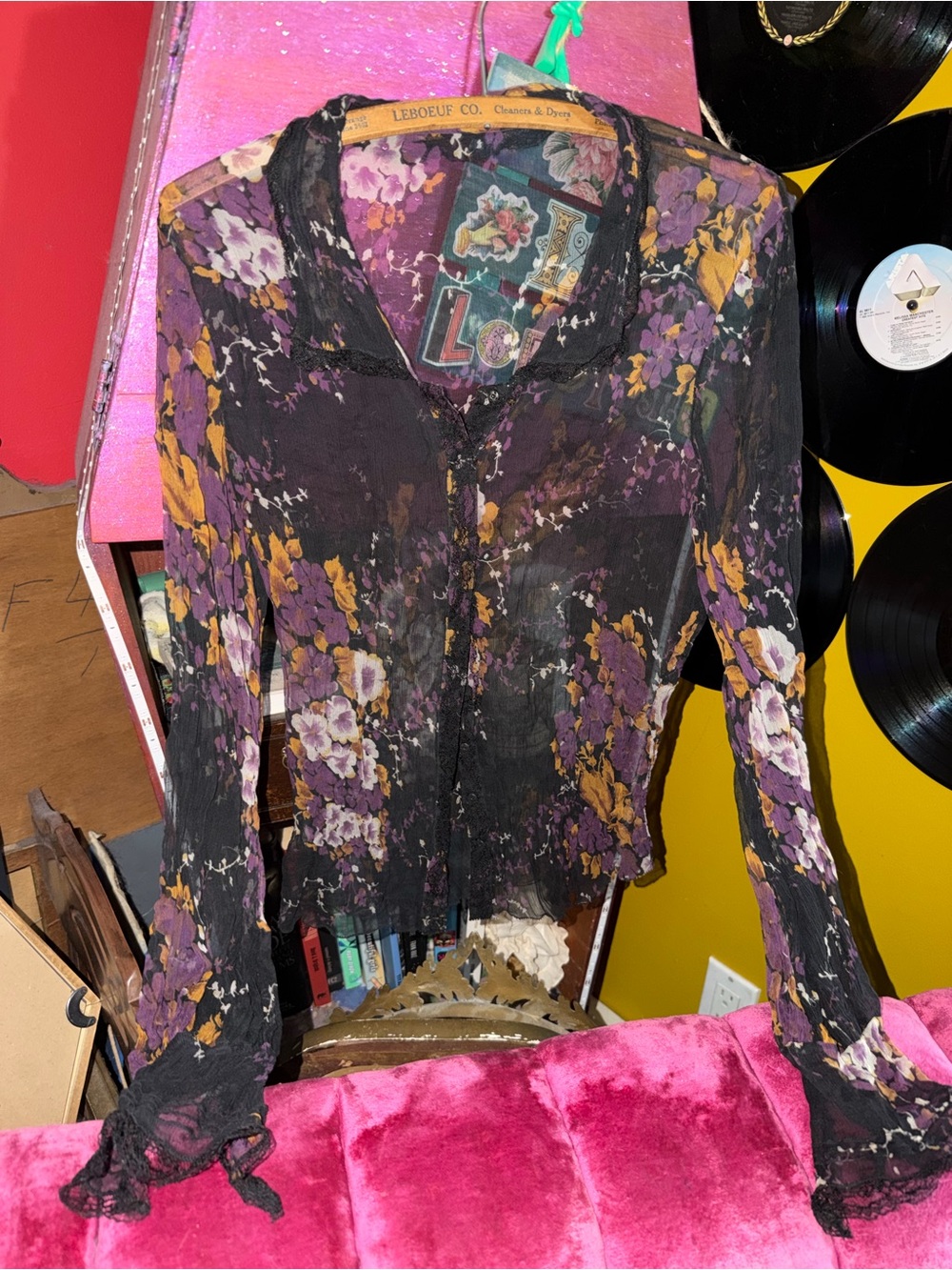 Sheer Black Floral Button-Front Blouse with Purple & Gold Accents - Women's